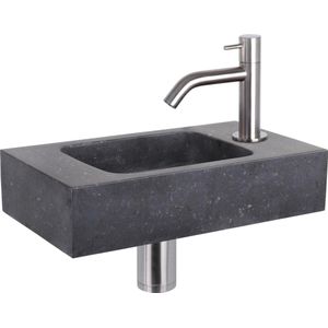 Differnz Force fonteinset - 40x22x9cm - Rechthoek - 1 kraangat - Gebogen matte chromen kraan - Natuursteen Zwart 38.400.38