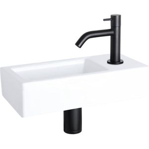 Differnz Ravo Fonteinset - Wasbak Keramiek - Wit - Gebogen Kraan - Mat Zwart - Standaard Greep - 38.5 x 18.5 x 9.5 cm