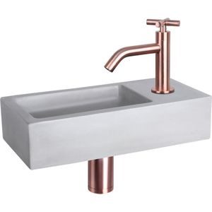 Differnz Ravo fonteinset - 38.5x18.5x9cm - Rechthoek - 1 kraangat - Gebogen koperen kraan - kruisgreep - Beton Grijs 38.005.13
