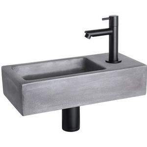 Differnz Ravo Fonteinset - Wasbak Beton - Donkergrijs - Rechte Kraan - Mat Zwart - Standaard Greep - 38.5 x 18.5 x 9 cm