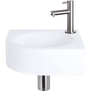 Differnz Cleo fonteinset - 30x30x10cm - Kwartrond - 1 kraangat - Recht matte chromen kraan - Keramiek Wit 38.401.11