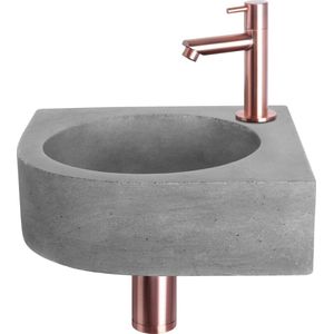 Differnz Cleo Fonteinset - Wasbak Beton - Donkergrijs - Rechte Kraan - Rood Koper - Standaard Greep - 31.5 x 31.5 x 10 cm