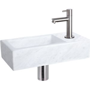 Differnz Helios Fonteinset - Wasbak Marmer - Wit - Rechte Kraan - Mat Chroom - Standaard Greep - 37.5 x 18.5 x 9 cm