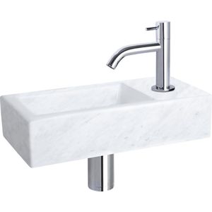 Differnz Helios Fonteinset - Wasbak Marmer - Wit - Gebogen Kraan - Chroom - Standaard Greep - 37.5 x 18.5 x 9 cm