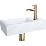 Differnz Helios Fonteinset - Wasbak Marmer - Wit - Rechte Kraan - Mat Goud - Standaard Greep - 37.5 x 18.5 x 9 cm