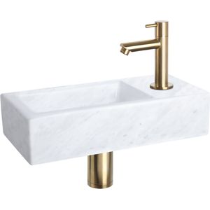 Differnz Helios Fonteinset - Wasbak Marmer - Wit - Rechte Kraan - Mat Goud - Standaard Greep - 37.5 x 18.5 x 9 cm