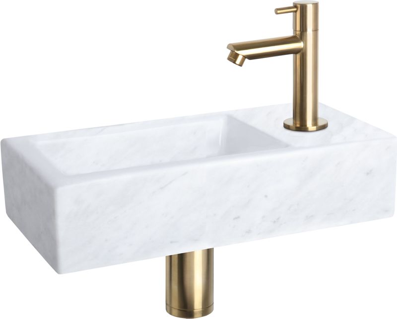 Differnz Helios Fonteinset - Wasbak Marmer - Wit - Rechte Kraan - Mat Goud - Standaard Greep - 37.5 x 18.5 x 9 cm