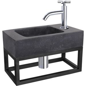 Differnz Fonteinset - Wasbak Natuursteen Bombai Black - Antraciet - Gebogen Kraan - Chroom - Kruisgreep - 40 x 22 x 9 cm - Met Handdoekrek - Zwart