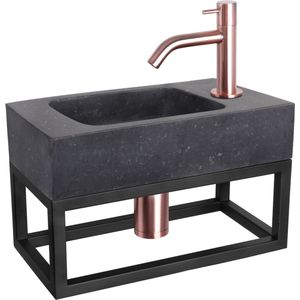 Differnz Force fonteinset natuursteen bombai black met handdoekrek en gebogen kraan rood koper