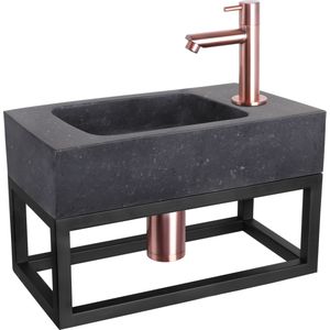 Fonteinset Differnz Bombai Natuursteen en Handoekrek 40x22x9 cm Zwart Met Rechte Kraan Rood Koper