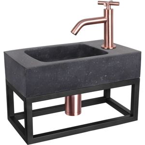 Fonteinset Differnz Bombai Natuursteen en Handoekrek 40x22x9 cm Zwart Met Gebogen Kruis Kraan Rood Koper