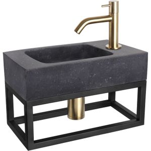 Differnz Bombai fonteinset - 40x22x9cm - Rechthoek - 1 kraangat - Gebogen matte goude kraan - met zwart frame - Natuursteen Zwart 38.401.54