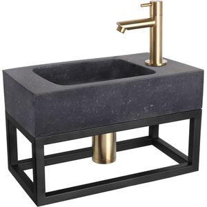 Fonteinset Differnz Bombai Natuursteen en Handoekrek 40x22x9 cm Zwart Met Rechte Kraan Mat Goud