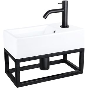 Differnz Force Fonteinset - Wasbak Keramiek - Wit - Gebogen Kraan - Mat Zwart - Standaard Greep - 40 x 22 x 11.5 cm - Met Handdoekrek - Zwart