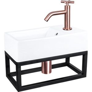 Differnz Force fonteinset - 40x22x11.5cm - Rechthoek - 1 kraangat - Gebogen rose koper kraan - met zwart frame - kruisgreep - Keramiek Wit 38.401.65