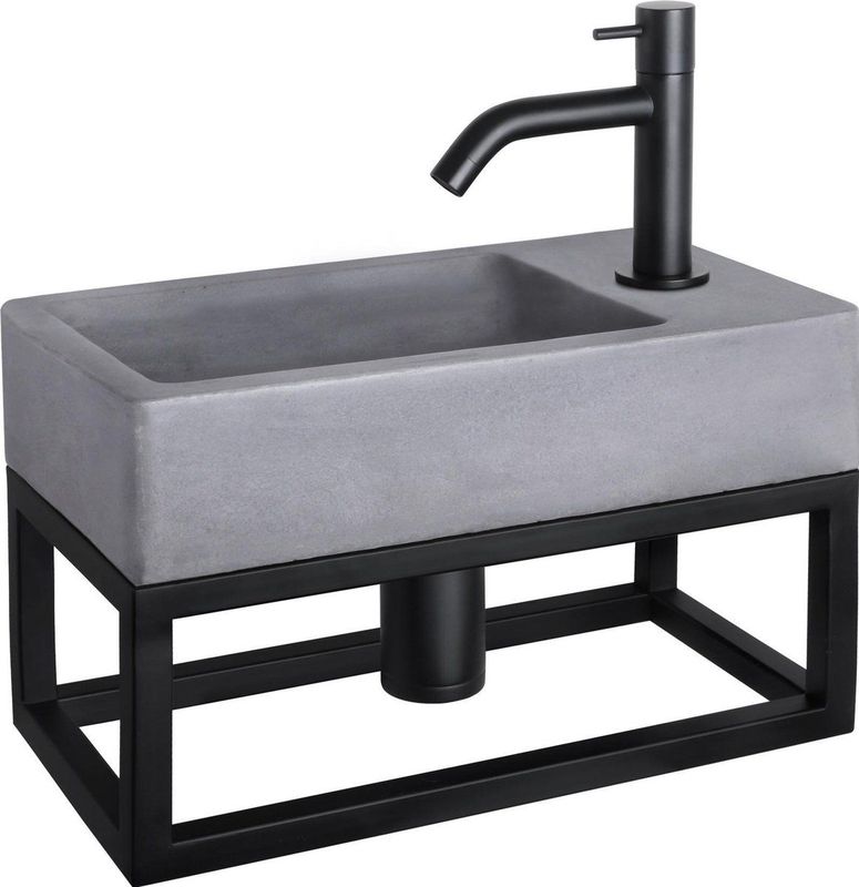 Differnz Force Fonteinset - Wasbak Beton - Donkergrijs - Gebogen Kraan - Mat Zwart - Standaard Greep - 40 x 22 x 8 cm - Met Handdoekrek - Zwart