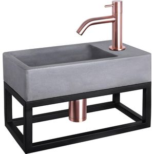 Differnz Force Fonteinset - Wasbak Beton - Donkergrijs - Gebogen Kraan - Rood Koper - Standaard Greep - 40 x 22 x 8 cm - Met Handdoekrek - Zwart