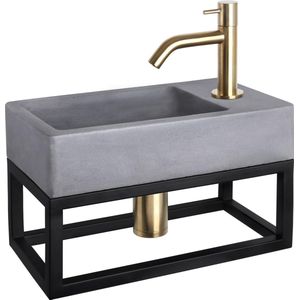 Fonteinset Differnz Force Beton en Handoekrek 40x22x9 cm Donker Grijs Met Gebogen Kraan Mat Goud