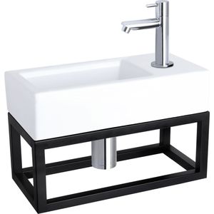Fonteinset Differnz Ravo Keramiek Met Handoekrek 38.5x18.5x9 cm Wit Met Rechte Kraan Chroom