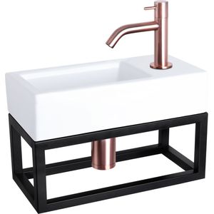 Differnz Ravo fonteinset - 38.5x18.5x25cm - Rechthoek - 1 kraangat - Gebogen koperen kraan - met zwart frame - Keramiek Wit 38.401.87