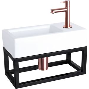 Differnz Ravo fonteinset - 38.5x18.5x25cm - Rechthoek - 1 kraangat - Recht koperen kraan - met zwart frame - Keramiek Wit 38.401.88
