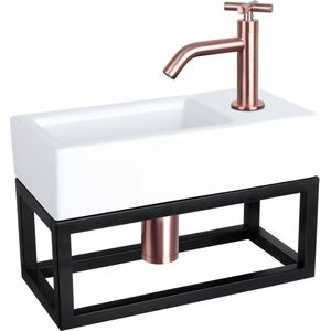 Differnz Ravo fonteinset - 38.5x18.5x25cm - Rechthoek - 1 kraangat - Gebogen koperen kraan - met zwart frame - kruisgreep - Keramiek Wit 38.401.89