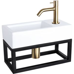 Fonteinset Differnz Ravo Keramiek Met Handoekrek 38.5x18.5x9 cm Wit Met Gebogen Kraan Mat Goud