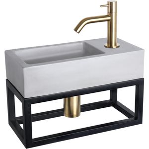 Fonteinset Differnz Ravo Beton en Handoekrek 38.5x18.5x9 cm Licht Grijs Met Gebogen Kraan Mat Goud