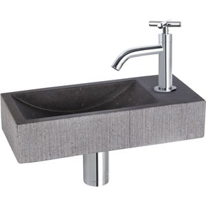 Differnz Ribble Fonteinset - Wasbak Natuursteen Bombai Black - Antraciet - Gebogen Kraan - Chroom - Kruisgreep - 38 x 18 x 8 cm
