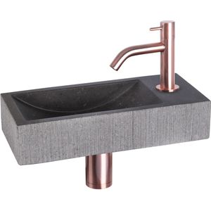 Fonteinset differnz ribble natuursteen 38x18x8 cm zwart met gebogen kraan rood koper