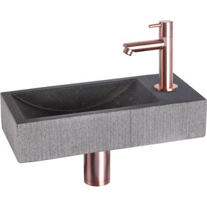 Fonteinset differnz ribble natuursteen 38x18x8 cm zwart met rechte kraan rood koper