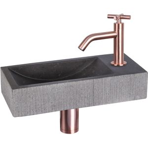 Differnz Ribble fonteinset - 38x18x8cm - Rechthoek - 1 kraangat - rose koper - kruisgreep - natuursteen zwart 38.402.25