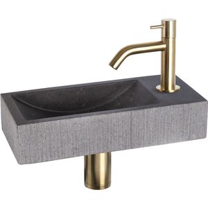 Differnz Ribble fonteinset - 38x18x8cm - Rechthoek - 1 kraangat - gebogen goud matte kraan - natuursteen zwart 38.402.26