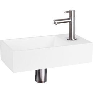 Differnz Solid Fonteinset - Wasbak Solid Surface - Wit - Rechte Kraan - Mat Chroom - Standaard Greep - 36 x 18.5 x 9 cm