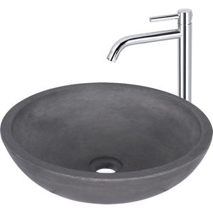 Differnz Ravano Fonteinset - Beton Donkergrijs - Hoge Wastafelkraan Gebogen - Kraan Warm & Koud - Chroom