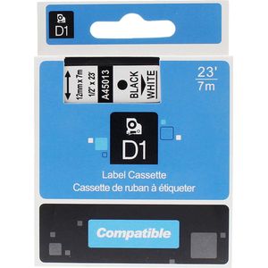 Rillstab labelprinterrol - voor Dymo D1 standard labels – Zwart op wit – 12 mm