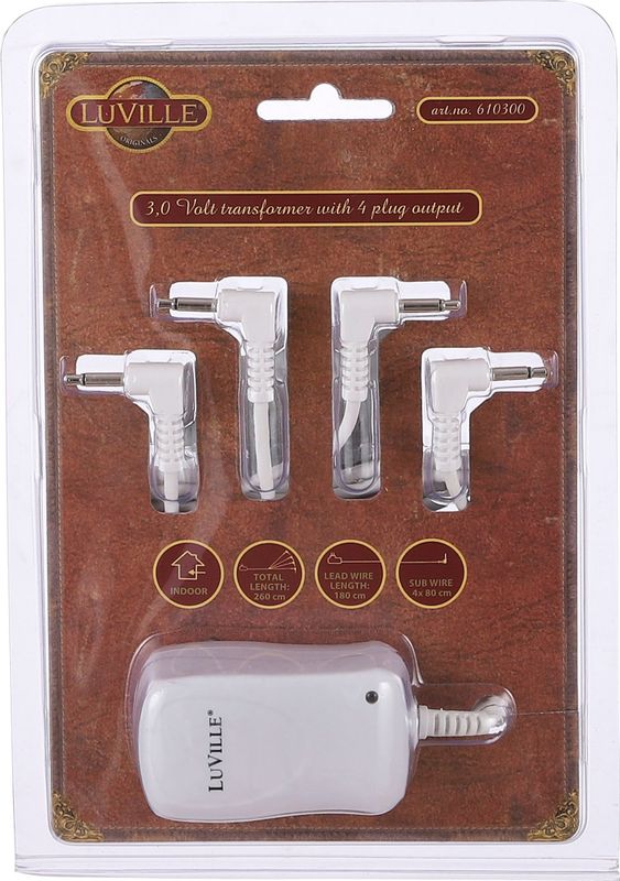 Luville Switch Adaptor 3 Volt - 4 Plugs Out | Kersthuisje Adapter voor optimale sfeer | 6,9x3,9x4,9 cm - Luville