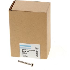 Hoenderdaal Spaanplaatschroef RVS platverzonken kop PZ2 voldraad 5.0X45 (per 200 stuks)