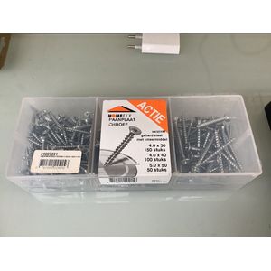 Homefix. Houtschroeven assortiment platkop. Verzinkt kruiskop.30-40-50 mm lang. 300 stuks.