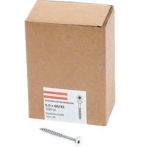 Hoenderdaal Spaanplaatschroef verzinkt platverzonken kop TX25 deeldraad 6.0X60/35 (per 100 stuks)