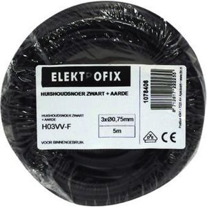 ELEKTROFIX geaard huishoudsnoer | 3 x 0.75 mm² | 5 meter | belastbaar tot 1300 watt | zwart