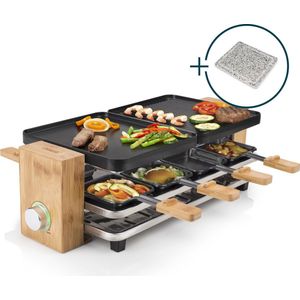 Princess 162955 Raclette en Steengrill Pure 8 Bamboe - Regelbare thermostaat - 1300W - 2 grillplaten en extra Steengrill - 8 pannetjes - 2 meter snoer - Parking deck voor ongebruikte pannetjes