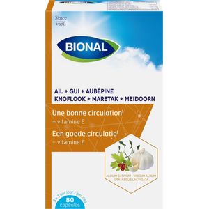 BIONAL Knoflook + Maretak + Meidoorn – Circulatie en afweersysteem –Voedingssupplement met vitamine E - 80 capsules