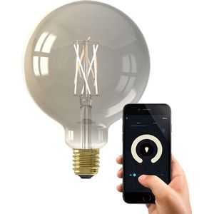 Calex Slimme Lamp - Wifi LED Filament Verlichting - Globe 12,5cm - E27 - Smart Lichtbron Titanium - Dimbaar - Warm Wit licht - 7W
