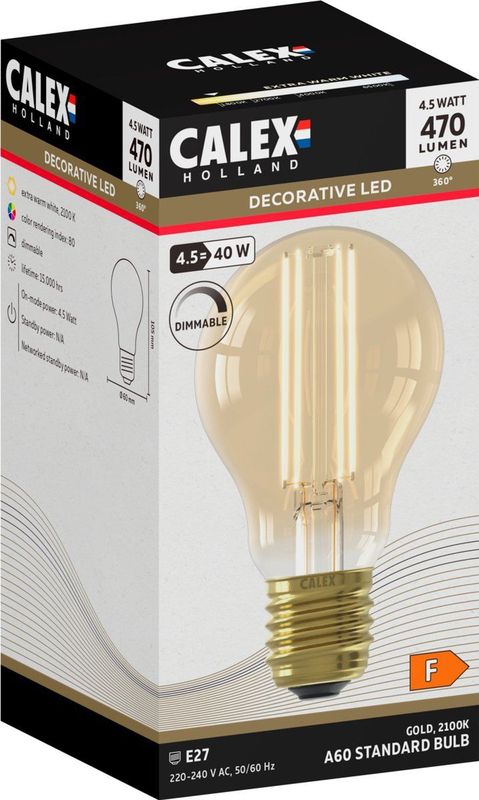 Calex Filament LED Lamp - E27 - A60 Lichtbron Goud - 4.5W - Dimbaar