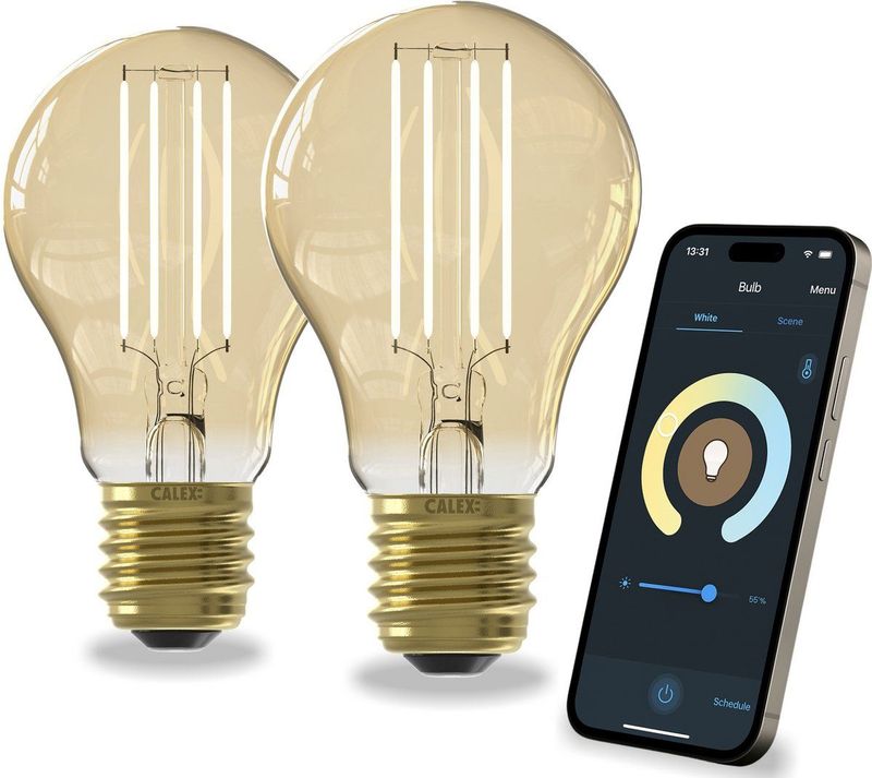 Calex - Slimme Lamp - Set van 2 - Wifi LED Filament - Goud - Dimbaar - Warm Wit