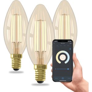 Calex Slimme Lamp - Set van 3 stuks - Wifi LED Filament Verlichting - E14 - Smart Kaars Lichtbron Goud - Dimbaar - Warm Wit licht - 4,9W