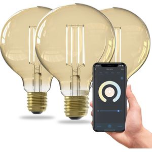 Calex Slimme LED Lamp - Set van 3 stuks - Wifi Filament Verlichting - Globe 9,5cm - E27 - Smart Lichtbron Goud- Dimbaar - Warm Wit licht - 7W