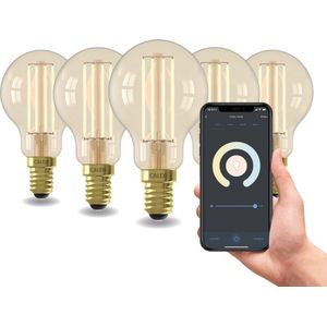 Calex Slimme Lamp - Set van 5 stuks - Wifi LED Filament Verlichting - E14 - Smart Lichtbron Goud - Dimbaar - Warm Wit licht - 4,9W