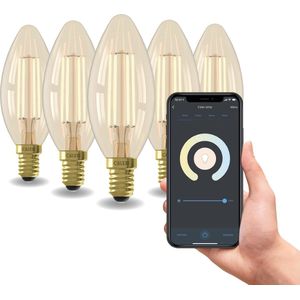 Calex Slimme Lamp - Set van 5 stuks - Wifi LED Filament Verlichting - E14 - Smart Kaars Lichtbron Goud - Dimbaar - Warm Wit licht - 4,9W